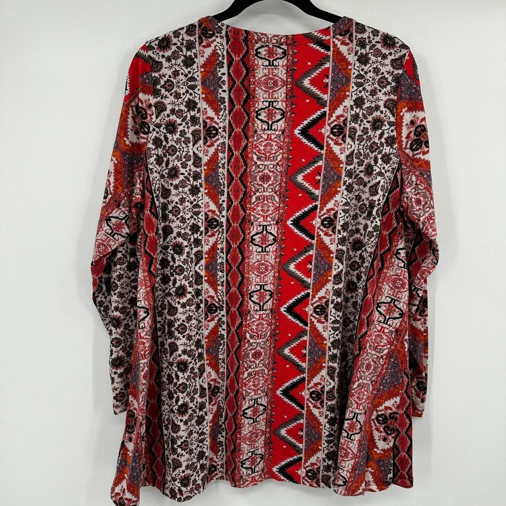 LOGO Lori Goldstein Red Mixed Print Button Front Cardigan Top XL Womens